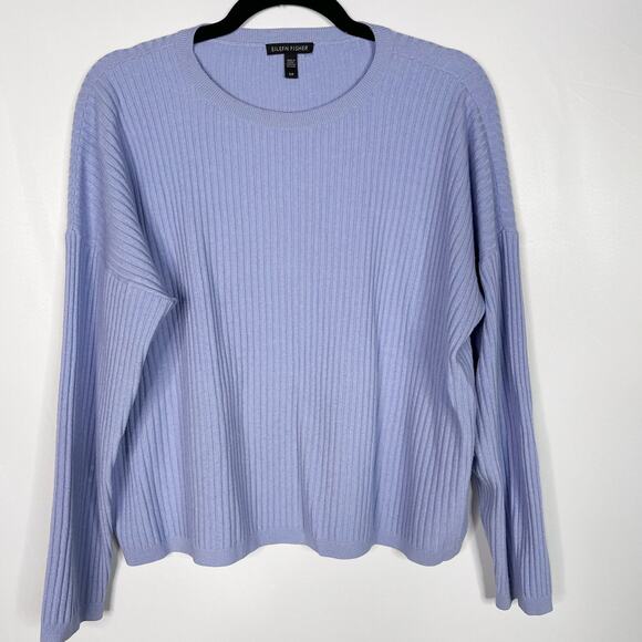 Eileen Fisher Small S Light Blue Ribbed Knit Wool Blend Long Sleeve Boxy Sweater - Picture 1 of 6